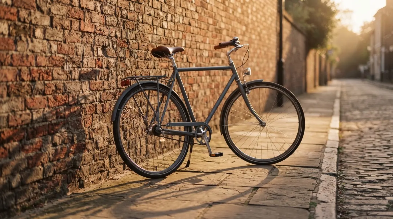 Ein Fahrrad lehnt an einer Backsteinmauer, auf dem Gehweg davor fallen lange Schatten.