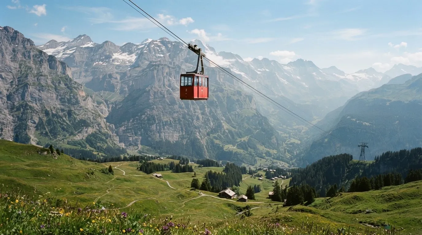 Eine Seilbahnkabine schwebt über einer Alpwiese, im Hintergrund zeichnen sich Felswände ab.
