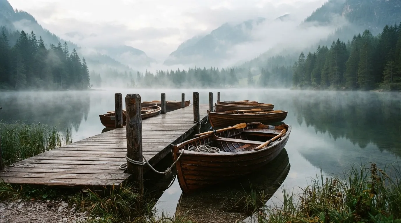 Ruderboote liegen am hölzernen Steg eines Sees, über dem Wasser hängt feiner Morgendunst.