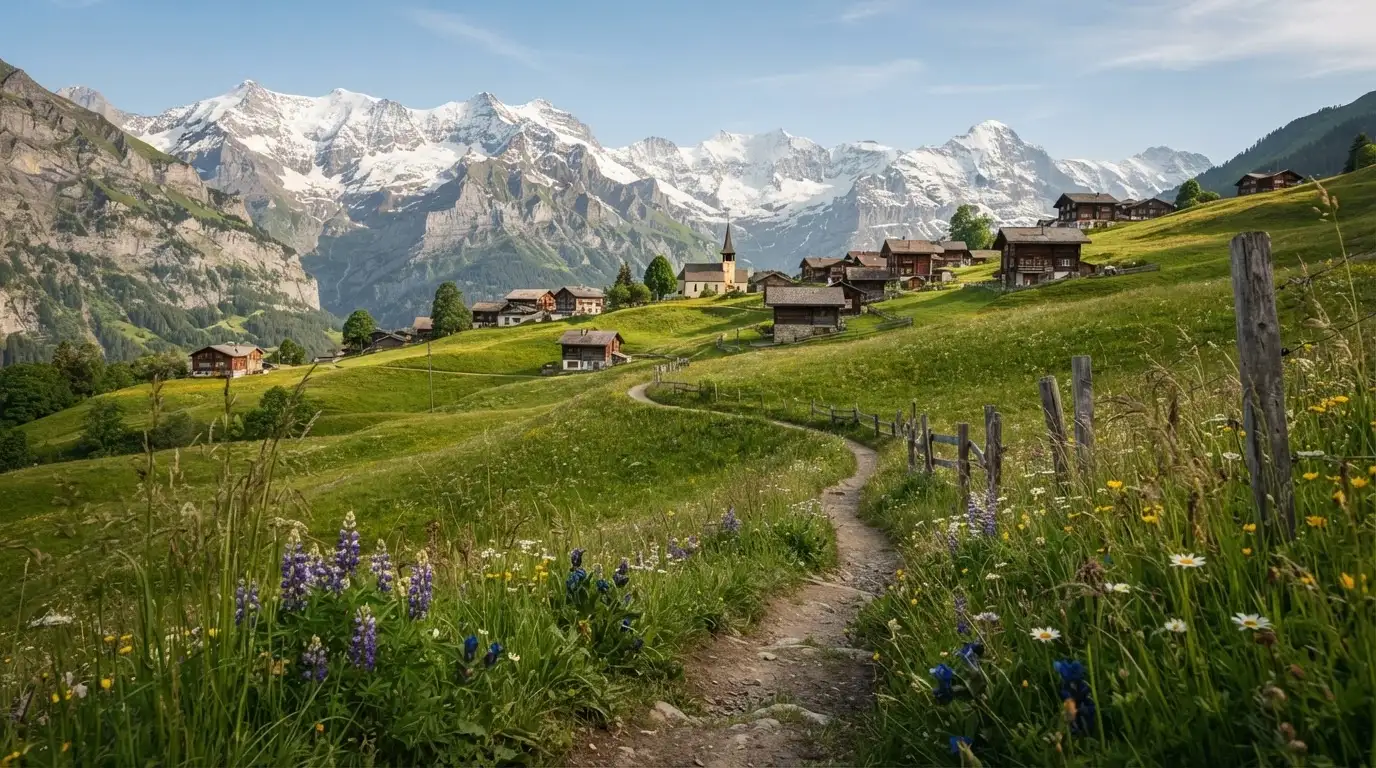 Ein Wanderweg führt durch eine Almwiese zu einem Bergdorf, in der Ferne liegt Schnee auf den Gipfeln.