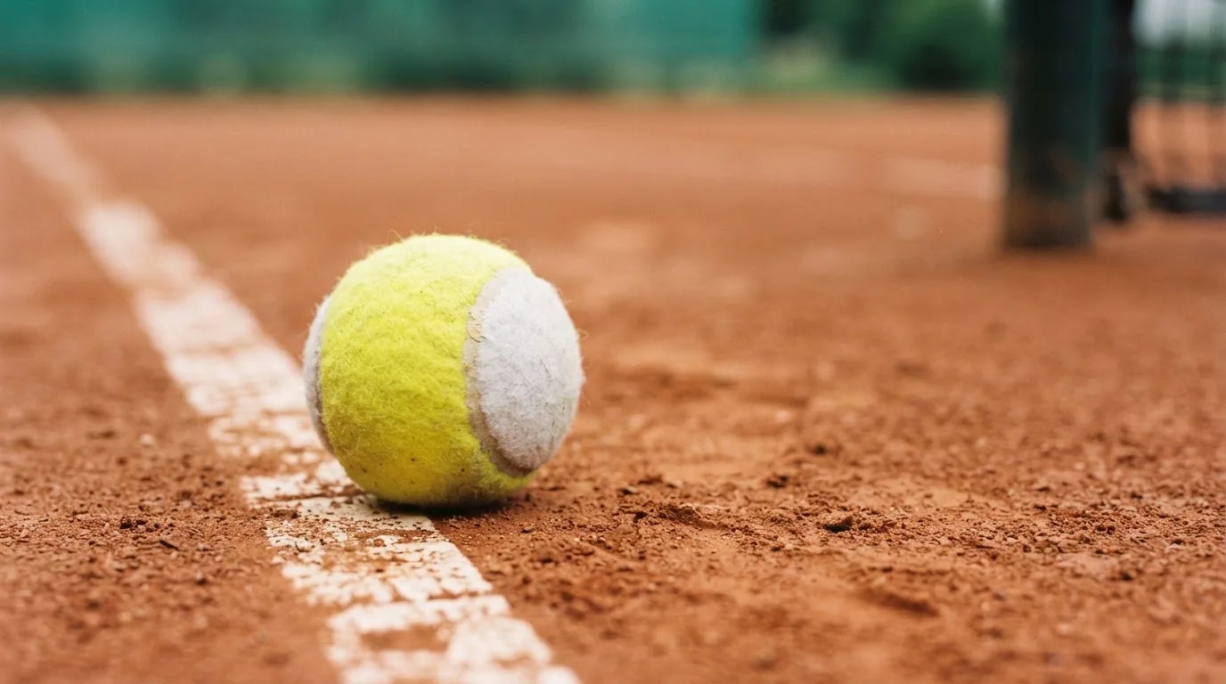 Ein Tennisball liegt auf rotem Sand neben einer verblassten Linie, das Licht ist weich.
