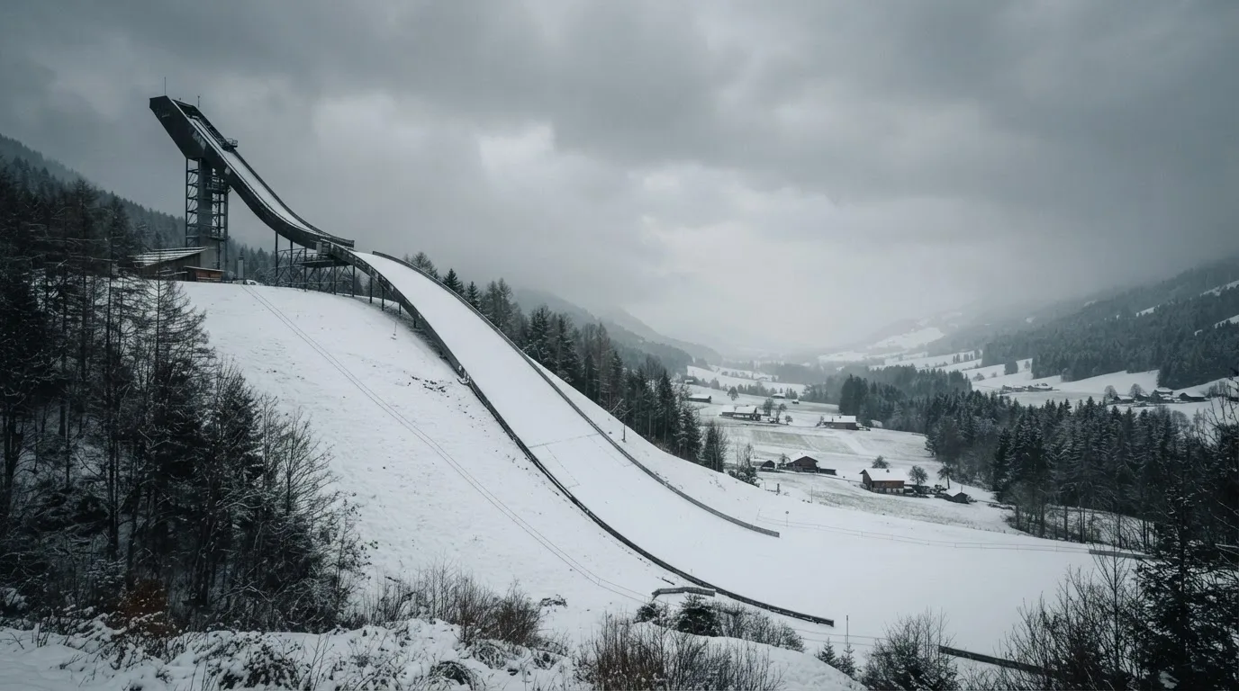 Eine verschneite Skisprungschanze erhebt sich unter grauem Himmel über einem stillen Tal.