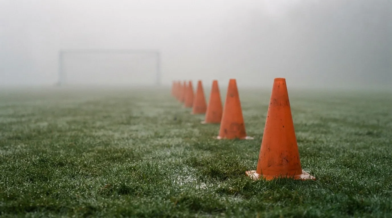 Orange Pylonen stehen auf einem Trainingsplatz im Nebel, die Ränder des Platzes verschwimmen im Dunst.