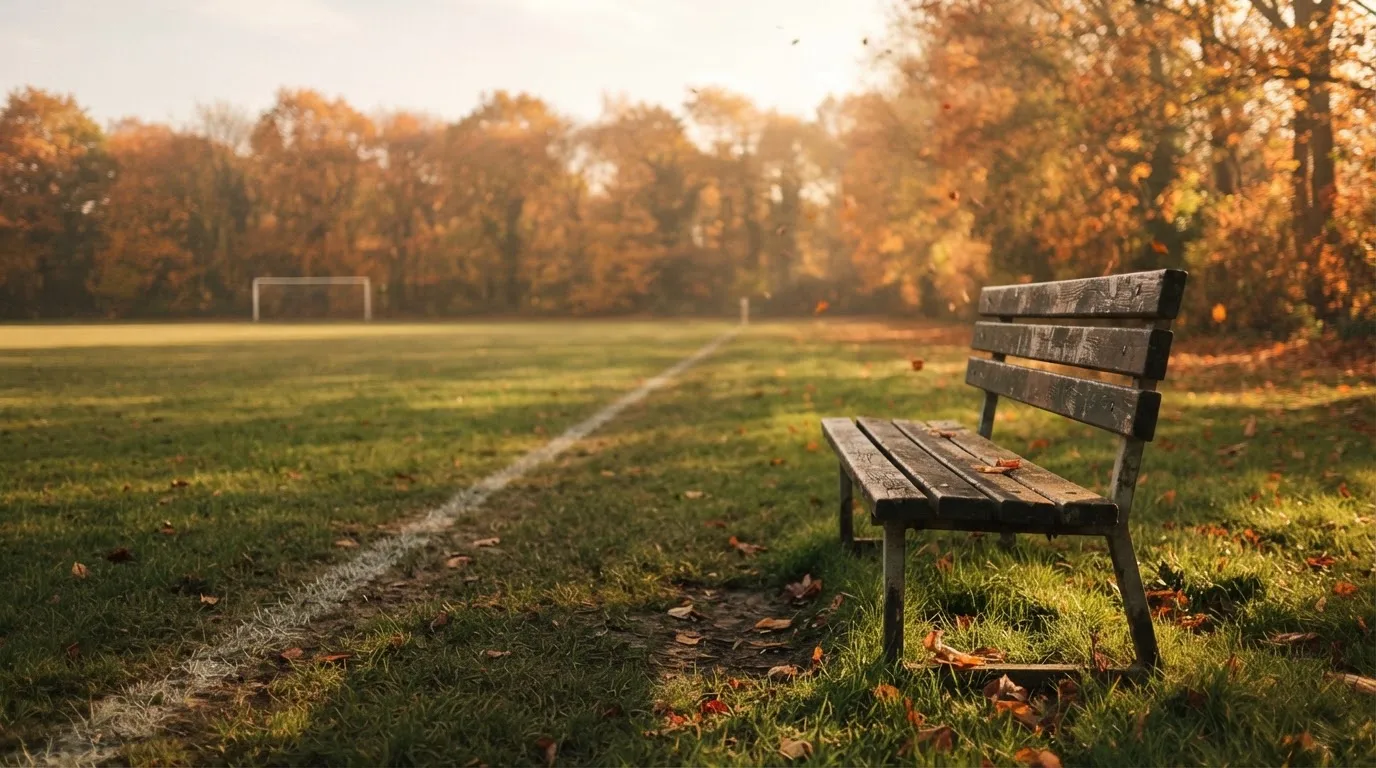 Eine hölzerne Bank steht an der Seitenlinie eines leeren Sportplatzes, dahinter Bäume im Herbstlicht.