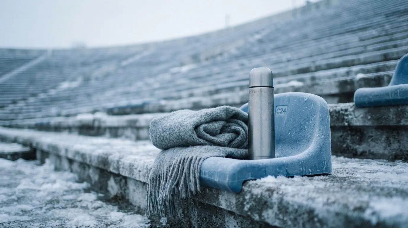Ein grauer Wollschal und eine Thermoskanne liegen auf einem Sitz im winterlichen Stadion, Raureif liegt auf den Stufen.