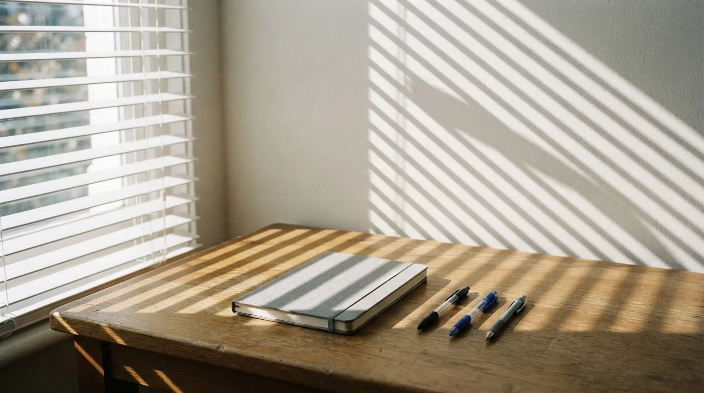 Streifen von Sonnenlicht fallen durch eine Jalousie auf einen Schreibtisch mit Stiften.