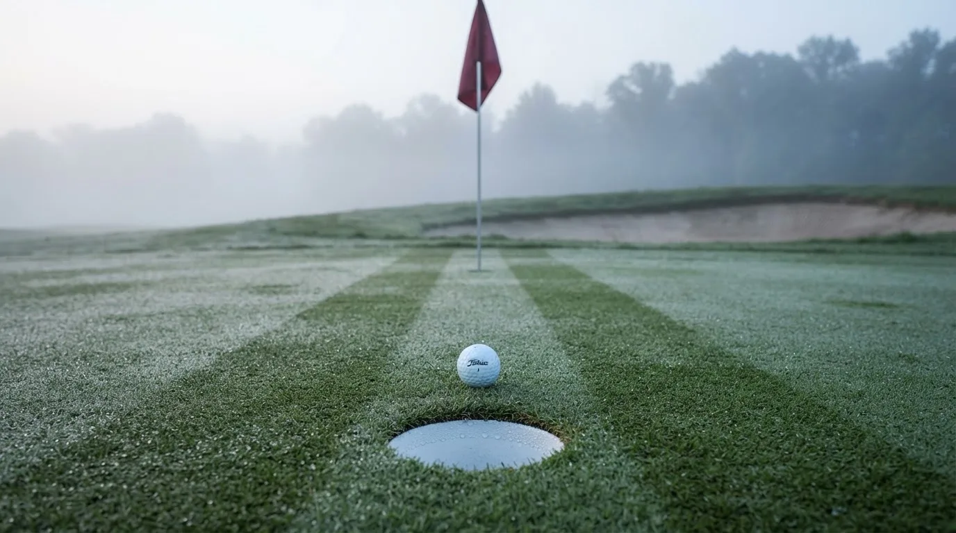 Ein Golfgrün liegt am frühen Morgen im Tau, ein Ball liegt nahe dem Loch.