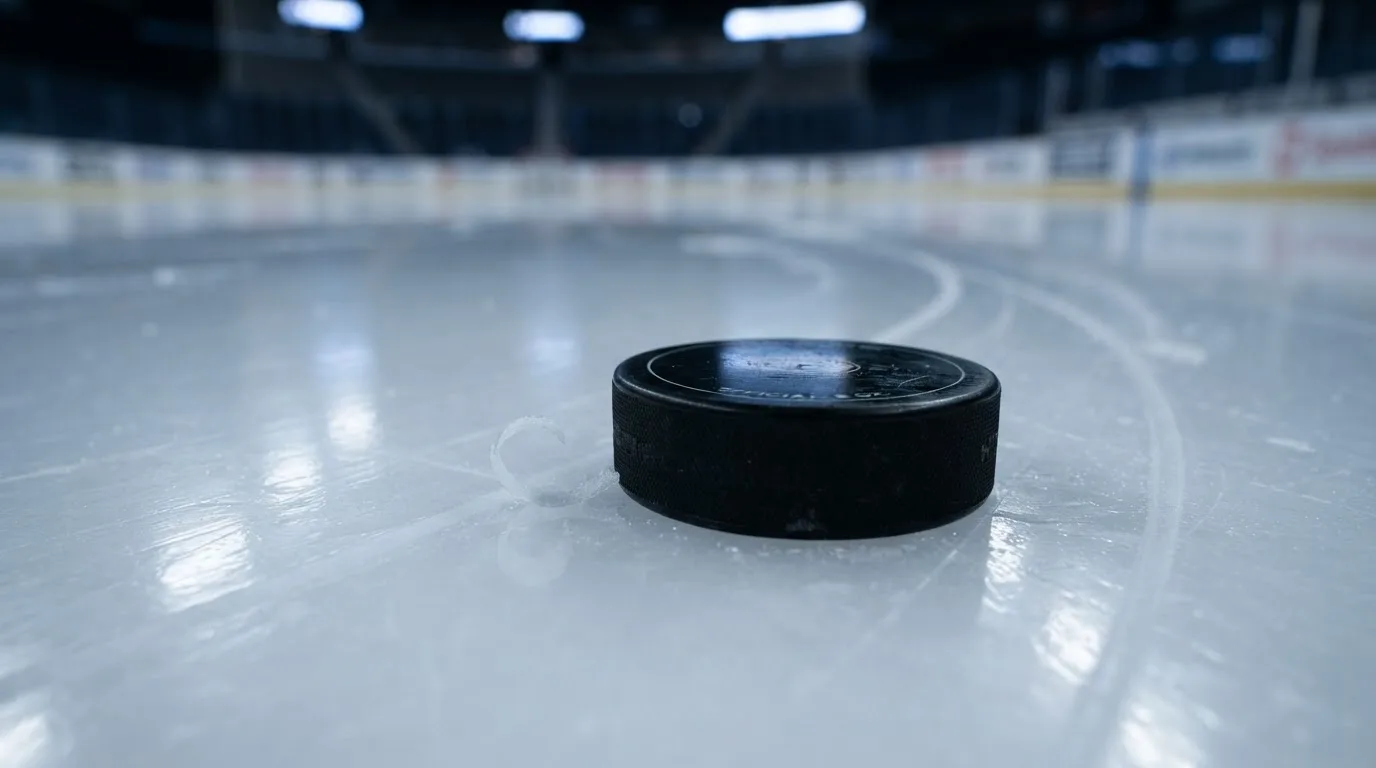 Ein Eishockeypuck liegt in Grossaufnahme auf glatter Eisfläche, im Eis spiegeln sich Hallenlichter.