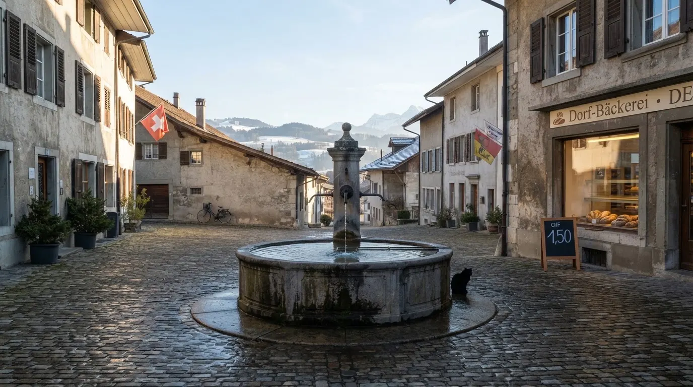 Ein Dorfplatz mit steinernem Brunnen liegt am Vormittag still da, die Läden ringsum sind noch geschlossen.