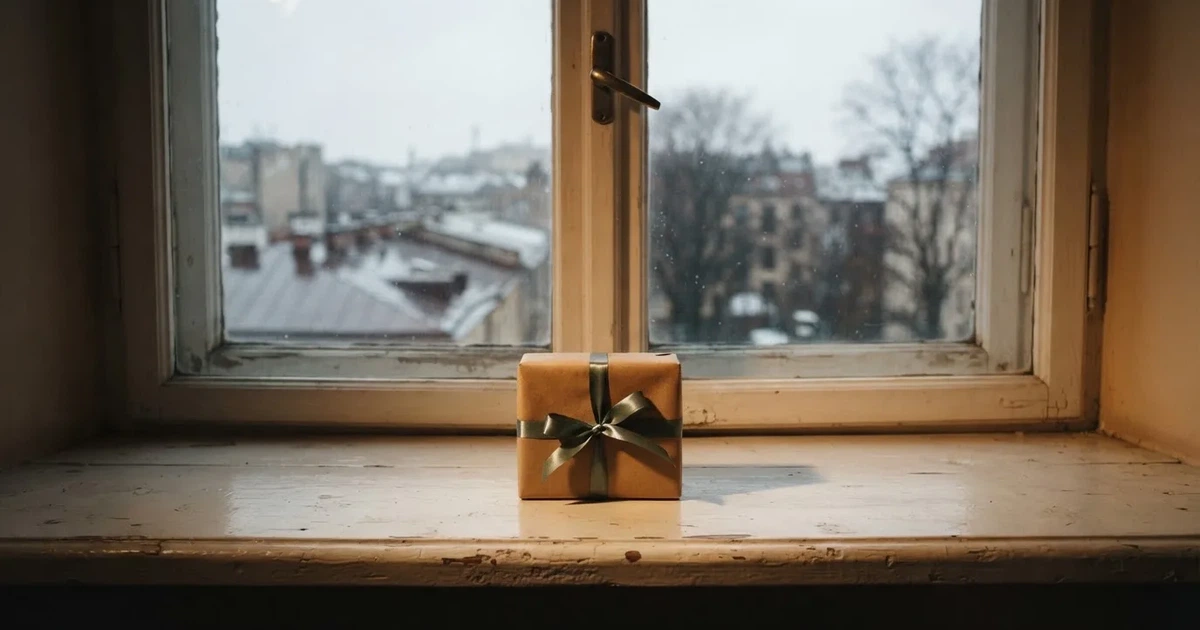 Eine kleine Schachtel mit Schleife steht auf einem Fensterbrett, dahinter ein grauer Wintertag.