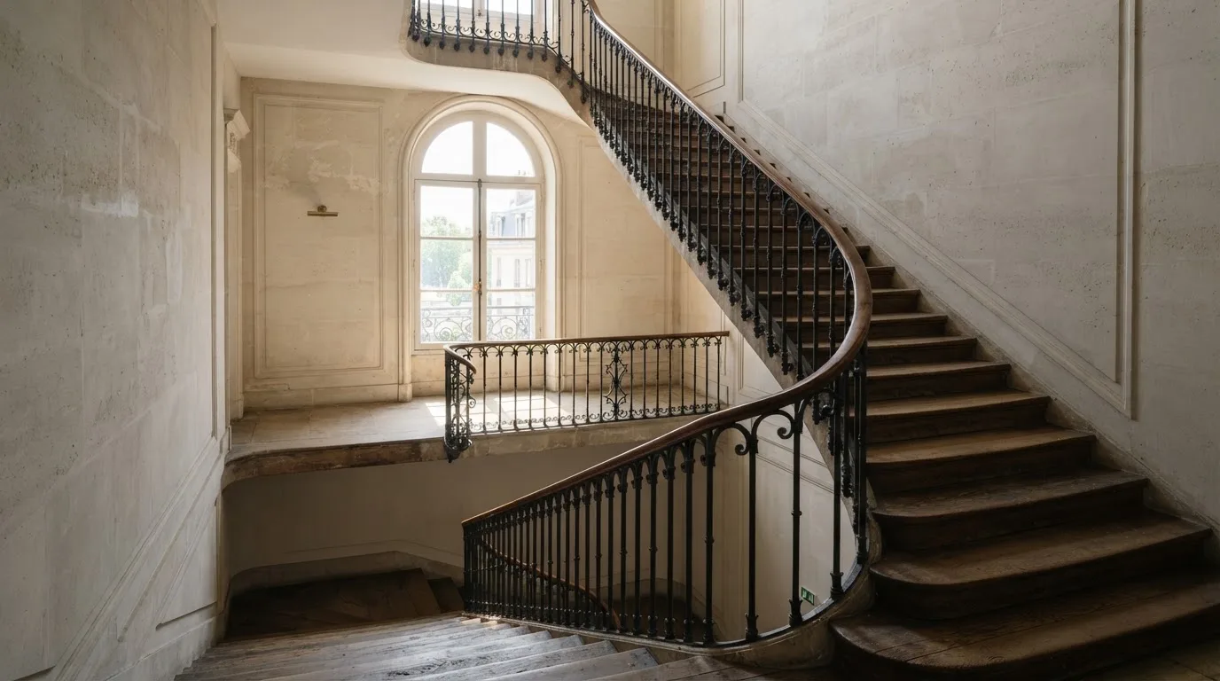 Ein Treppenhaus aus hellem Stein führt in einem Altbau nach oben, Licht fällt durch ein hohes Fenster.
